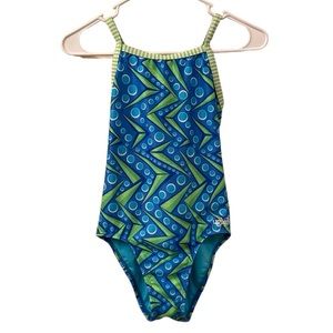 Dolfin Uglies Girls Swimsuit 1 piece Blue Green Geometric Design Girls SZ 14